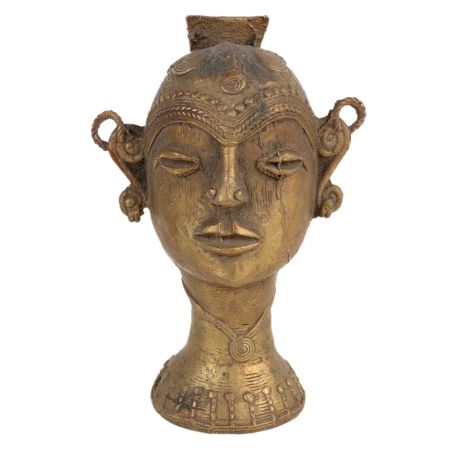 Brass Tribal Lady Head Statue With Jewellery And Stylish Bun