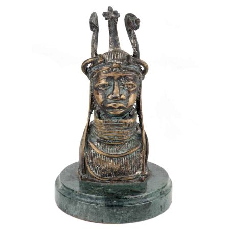 Brass Tribal Face Statue With Tribal Crown Bust On Green Round Base
