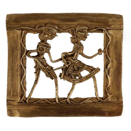Brass Wall Hanging Dhokra Tribal Couple Holding Hands In Square Frame