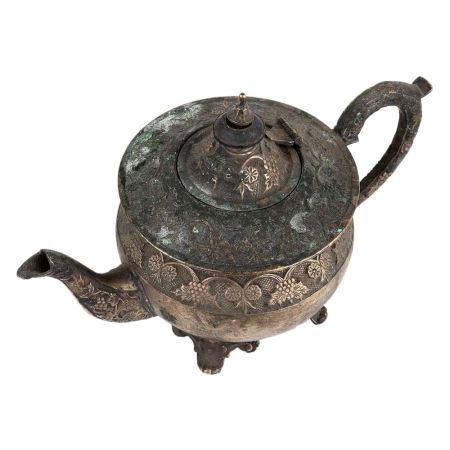 Old Brass Ornate Kettle Pot With Four Legs