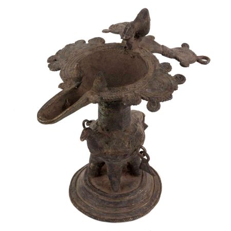 Brass Oil Lamp From Orissa Work Bird Figurines