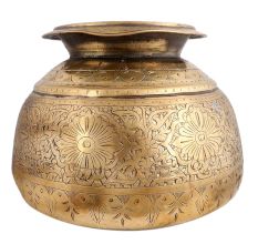 Brass Pot Round Carved Floral Deign Traditional Planter Pot