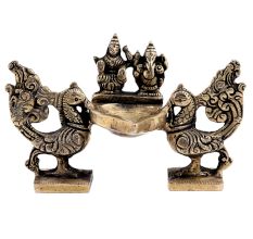 Brass Oil Lamp With  Laxmi Ganesha And Twin Peacocks Statue Festive Diya