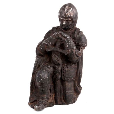 Brass Statue Kneeling Down European Warrior With Sword