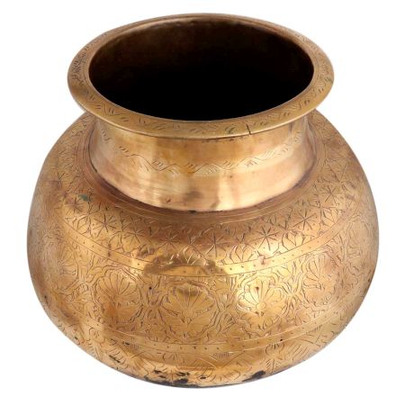 Brass Carved Pot Round Shape Thick Neck And Mouth