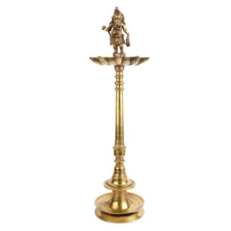 Brass 9 Wick Oil Lamp Ganesha Figurine On Pedestal  Stand