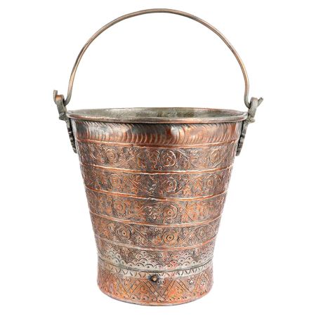 Copper Bucket With Detailed Chasing And Repousse Work And Handle