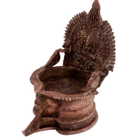 Ornate Brass Laxmi Oil Lamp Goddess Laxmi Motif And Two Elephants