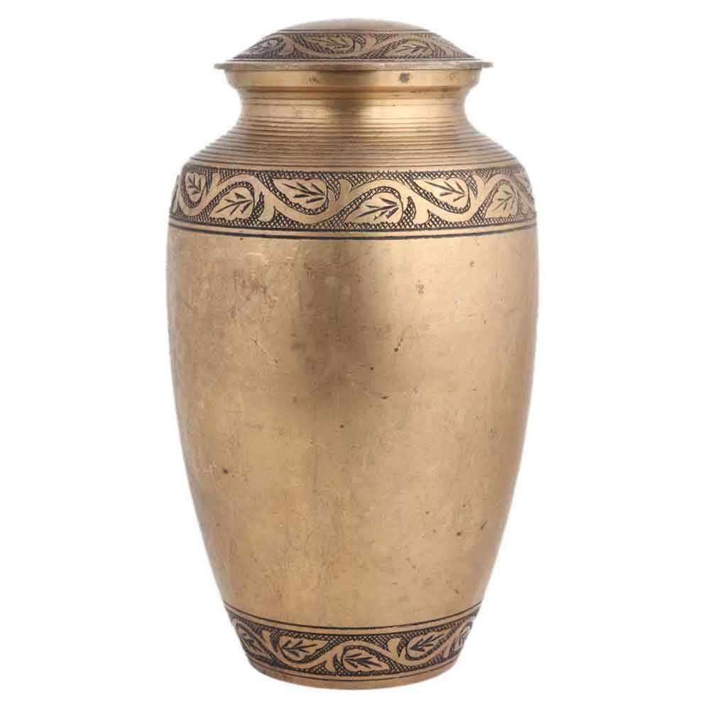 Handmade Brass Urn Pot Leaves Carved With Lid