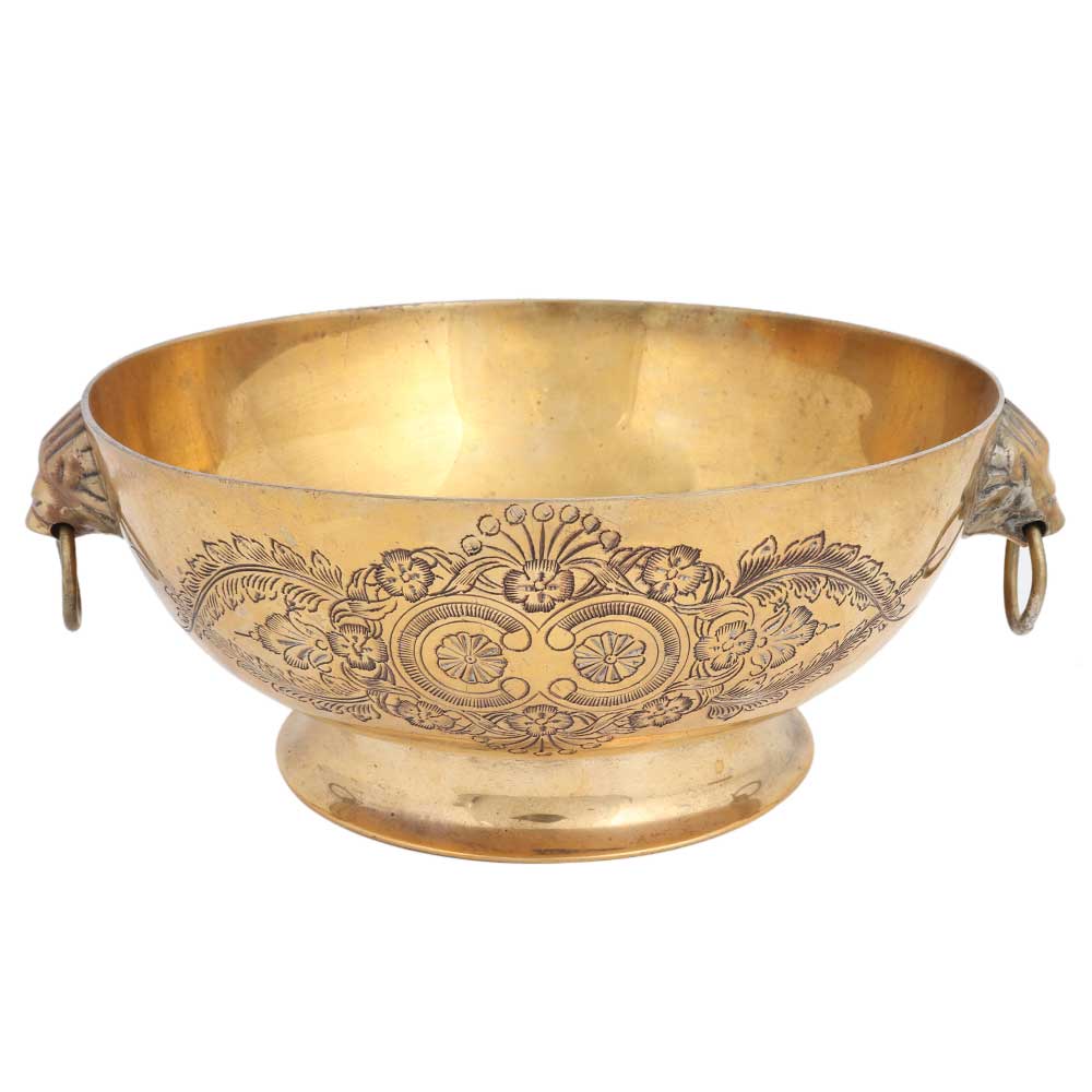 Brass Bowl With Handles Floral Design Vintage Collection