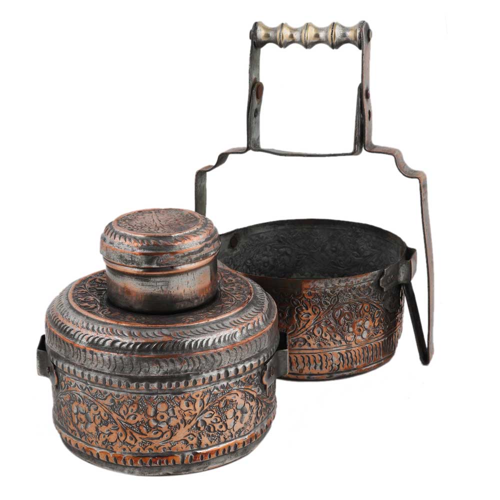Copper Tiffin Box With Engraved Floral Design