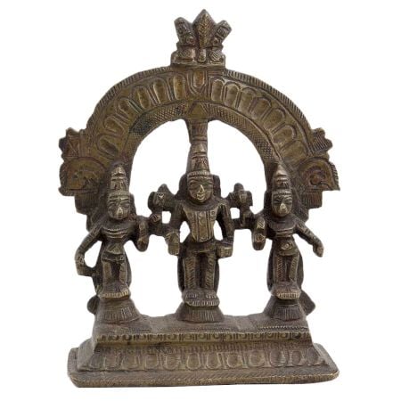 Brass Statue Of lord Vishnu Prabhavali  Two Consorts  Deivanai and Valli
