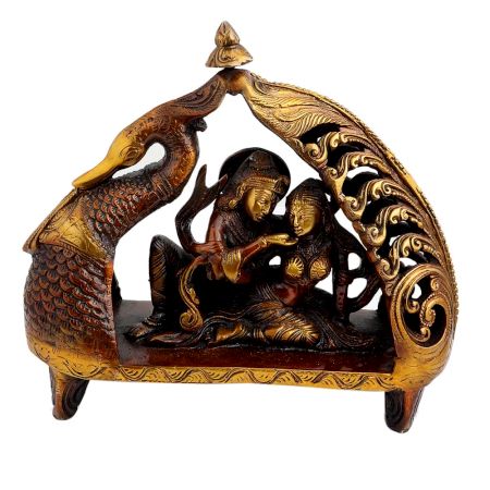 Ornate  Brass Radha Krishna Romance In Peacock Chowki