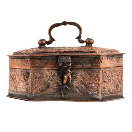 Copper Jewelry Box With Floral Kashmiri Repousse Artwork