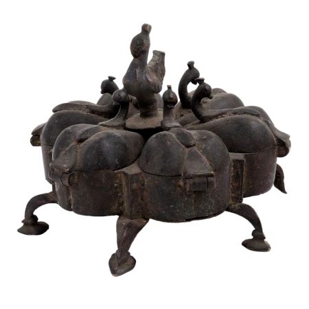 Brass Bindi Box With Seven Compartments Peacock Finials