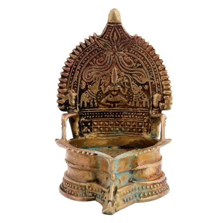 Brass Kamakshi vilakku Oil Lamp With Lakshmi And Two Jumbo Elephants