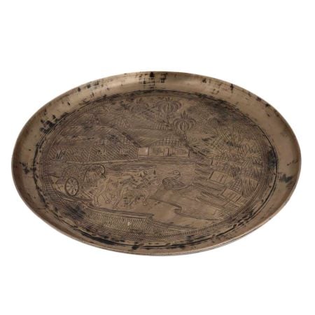 Serving Tray or Plate Engraved with Indian Village Scene In Bell Metal