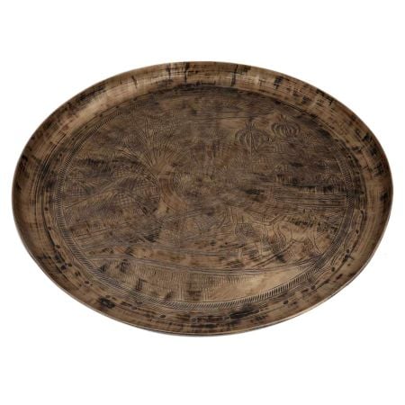 Bell Metal Tray Or Plate Hand Carved Village Landscape And Farming Scene