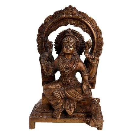 Engraved Brass Sitting Statue Blessing Pose With Owl