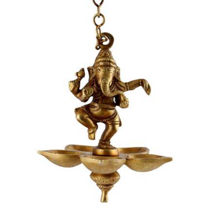 Brass Lord Ganesha Four Wicks Hanging Lamp Or Diya