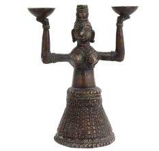 Brass Gujarat Tribal Women Holding Two Bowls Candle Holder