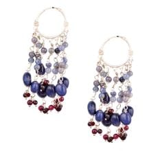 Blue Stone Bead Danglers in Sterling Silver Hoop Earrings