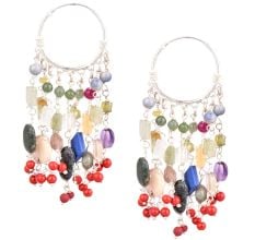 Sterling Silver Bali Hoop Earrings With Multi colored Stone Tassel
