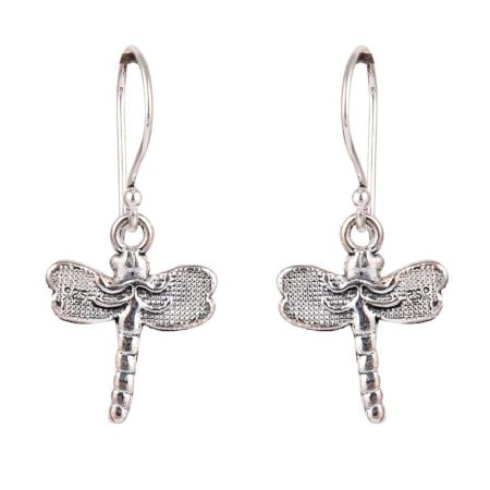 92.5 Sterling Silver Dragon Fly Hoop Dangle Earrings