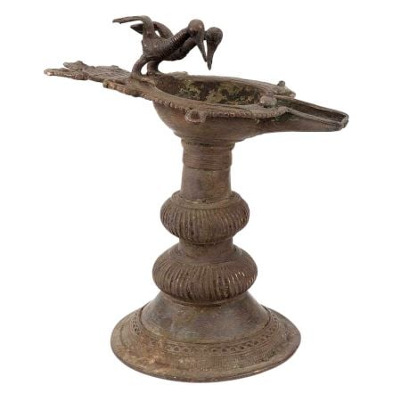 Brass Oil Lamp Diya Stand With Twin Peacock Figurines