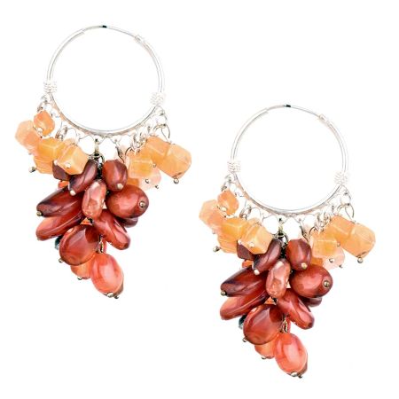 Orange Brown Bead Nugget Cluster Sterling Silver Drop Earrings