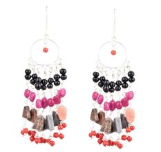 92.5 Sterling Silver Multi Colored Beads Bali Hoop Chandelier Earrings