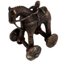 Indian Brass Temple Toy Soldier Rider Horse On Wheels