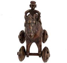 Brass Temple Statue Of Rider On Horse With Wheels