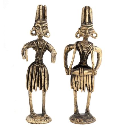 Brass Tribal Musical Couple Statue In Pair