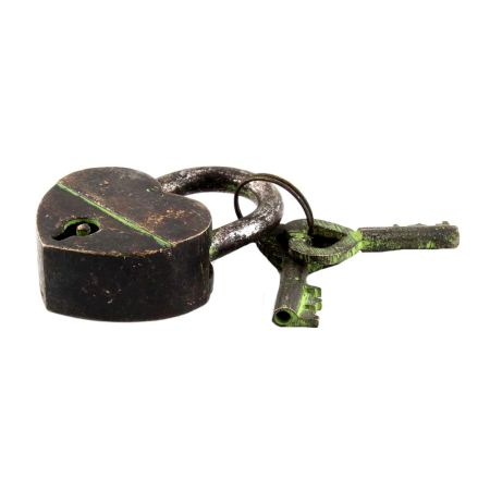 Brass Heart Shaped Lock and Keys In Pair With Patina