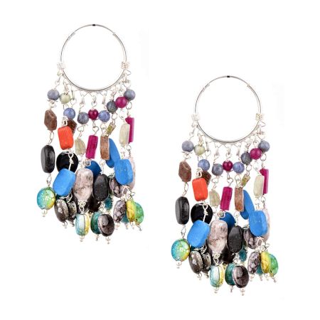 Colorful Stone 92.5 Sterling Silver Bali Hoop Chandelier Earring