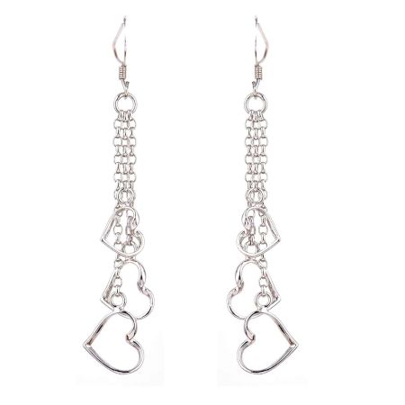 Heart Charms Long Chain 92.5 Sterling Silver Dangle Earrings