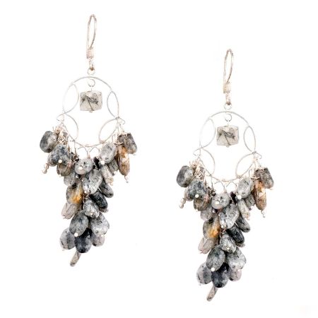 Grey Bead Nugget Cluster 92.5 Sterling Silver Drop Earrings