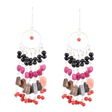 92.5 Sterling Silver Multi Colored Beads Bali Hoop Chandelier Earrings