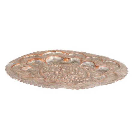 Vintage Copper Oval Tray Scalloped Edge And Carved floral Foliage Pattern