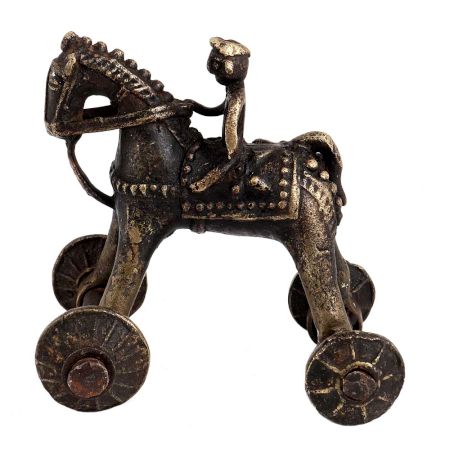 Highly Decorative Brass Rider On Horse With Wheels Temple Toy