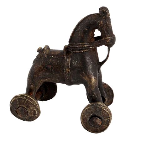Detailed Figurine Of Brass Toy Horse on Wheel Pull Toy