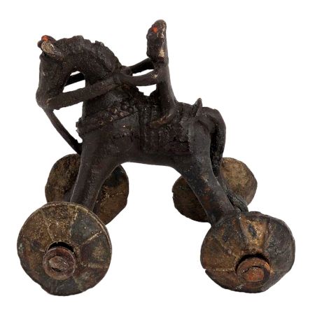 Brass Horse Temple Toy With Rider On Wheels