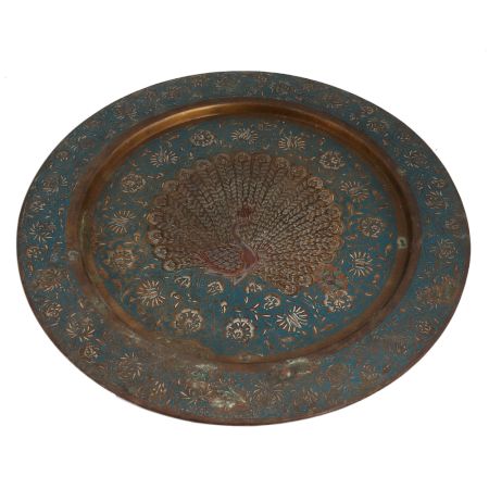 Brass Blue Painted Peacock Enameled Wall Plate