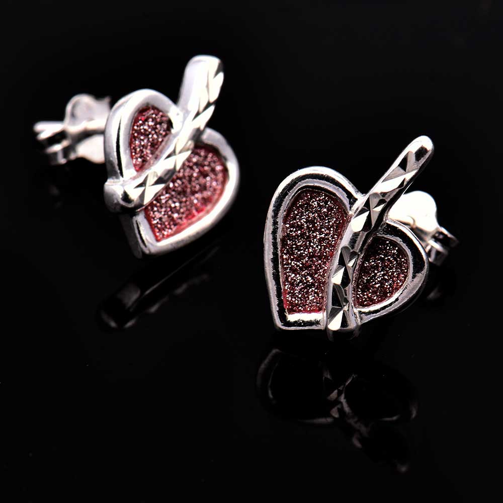 Pink Sparkle Heart Charm 92.5 Sterling Silver Stud Earrings