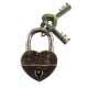 Brass Heart Shaped Lock and Keys In Pair With Patina