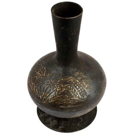 Black Brass Vase With Palm Tree And Mountains Design