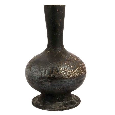 Black Brass Vase With Palm Tree And Mountains Design