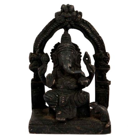 Black Brass Sitting Ganesha Statue With Prabhavali
