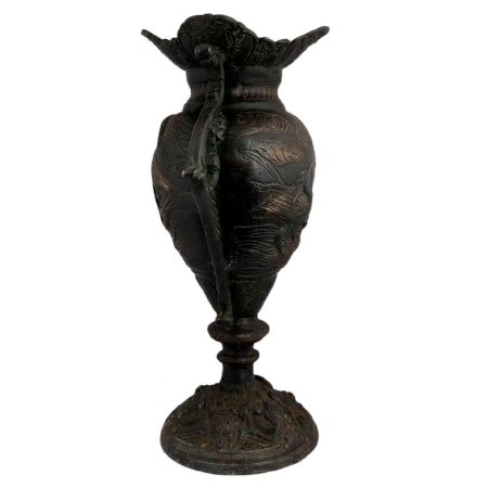 Black Brass Urn Flower Vase Birds Engraved Pattern With Swirl Peacock Handles